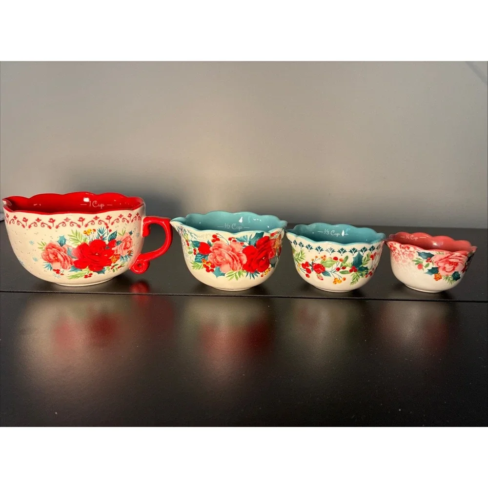 The Pioneer Woman Cheerful Rose Stoneware Measuring Cup Set Dishwasher Safe